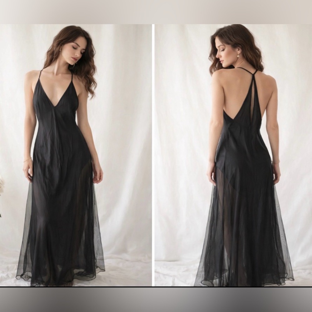 Victoria’s Secret  y2k black Silk Sheer Maxi Slip Dress Halter Neck dark romance